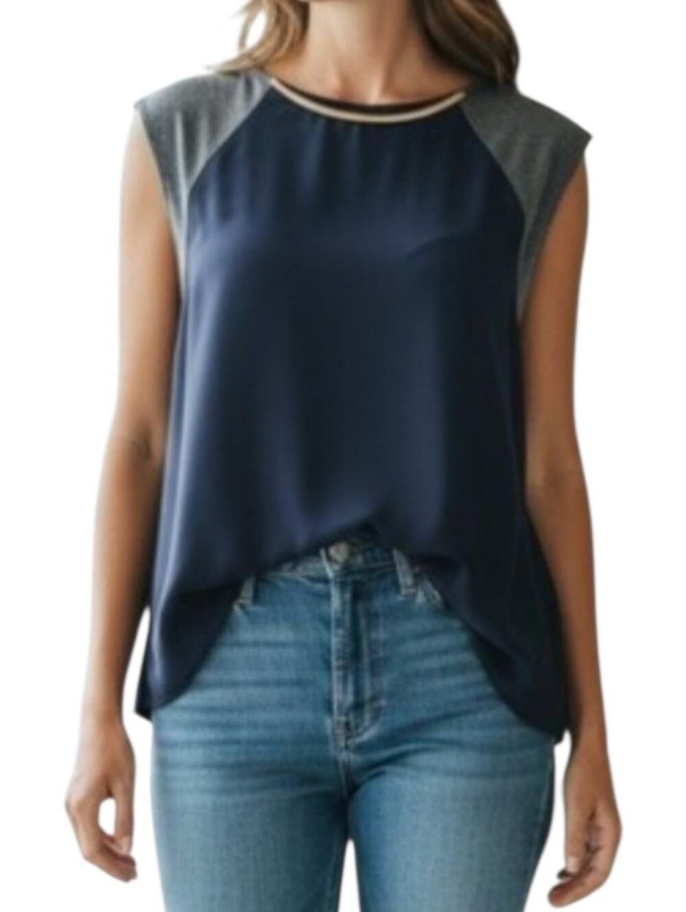 Rachel Roy Sleeveless Contrast Yoke Blouse with Gold Neck Accent